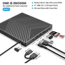 EKESOR Ultraohut Ulkoinen USB 3.0 Type-C DVD/CD-lukija/kirjoitin, jossa 4 USB-porttia ja 2 TF/SD-korttipaikkaa - musta