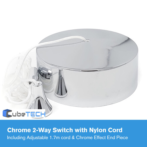 CubeTECH Bathroom Light Pull Cord and Fitting Kit - Chrome Light Switch with Ceiling Pendant Cord and Black Accessories 1