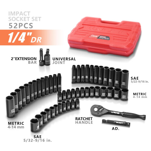 LLNDEI 1/4" Drive Impact Socket Set, 52Pcs Ratchet Wrench Set 1