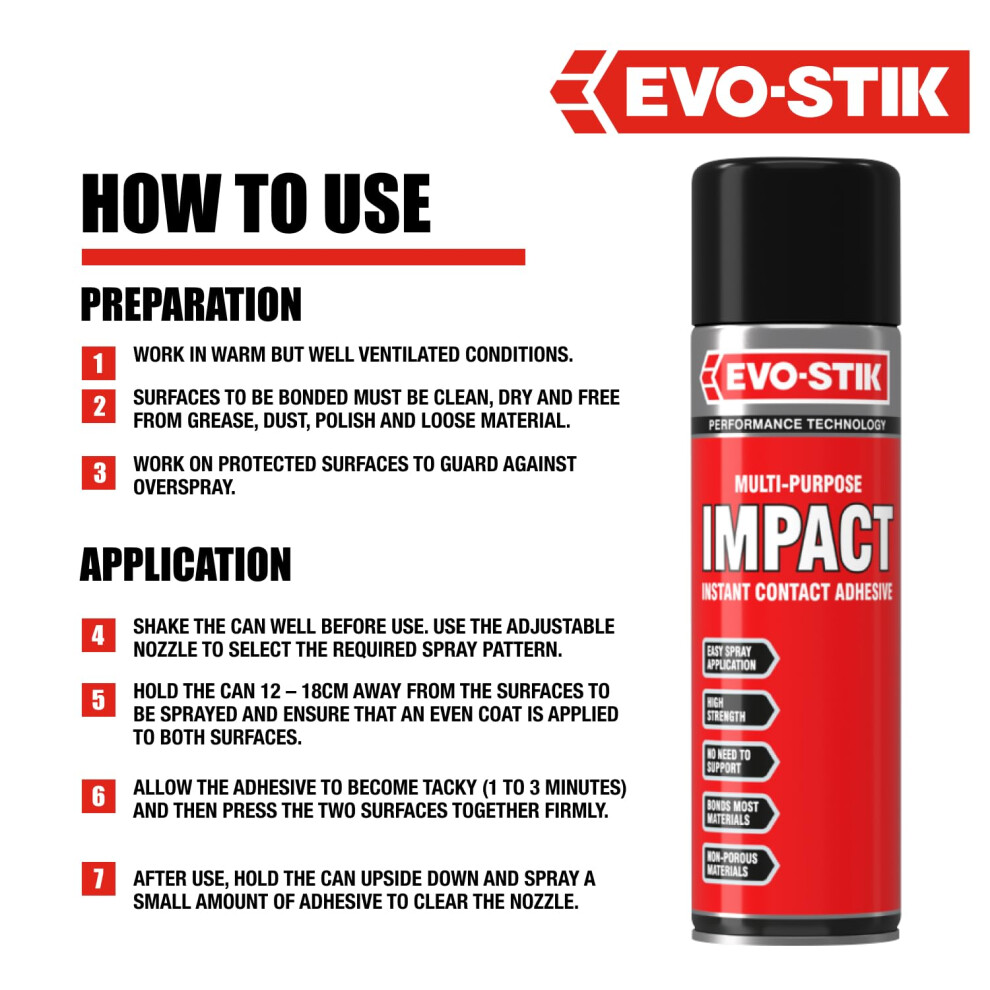 Evo-Stik Impact Adhesive Spray 200Ml - Bonds Immediately On Contact - High Shear Strength 5000393329233