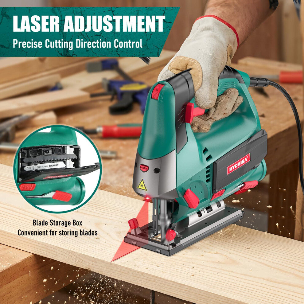 Hychika 800W Jigsaw With Laser Guide - Corded Electric Jig Saw Kit, 6 Variable Speed 800-3000Spm, Max 110Mm Cutting Depth In Wood, 45 Bevel Cut, 6 5000862624609