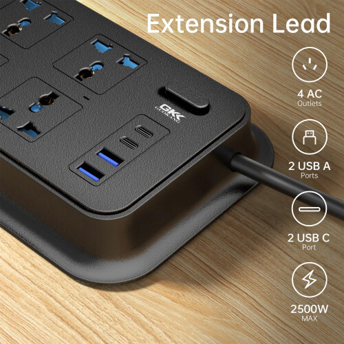 UK Power Strip outlets socket 4 AC Plug Outlets Extender switch and 2