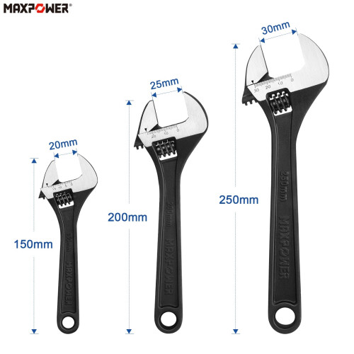MAXPOWER Adjustable Spanner Set, 3PCs Adjustable Wrench Set, Black - 150mm, 200mm & 250mm 1
