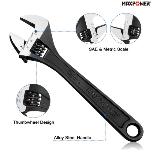 MAXPOWER Adjustable Spanner Set, 3PCs Adjustable Wrench Set, Black - 150mm, 200mm & 250mm 2