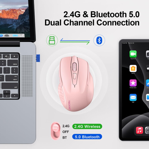 TeckNet TECKNET Bluetooth Mouse, 4800DPI Wireless Mouse Computer Silent Click USB Mice Bluetooth 3.0/5.0 and 2.4GHz Connectivity Mouse with 6 Adjustable DPI, 1