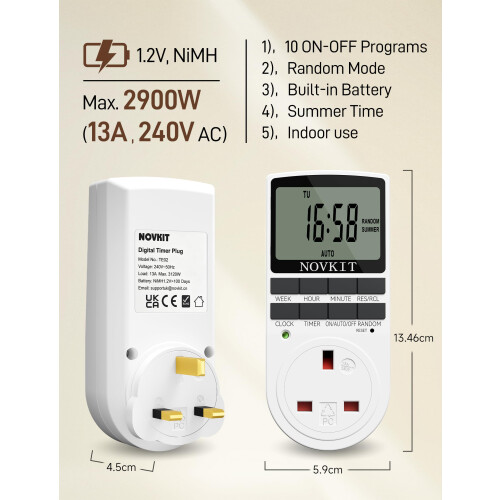 2 x NOVKIT Digital Security Timer Plug Socket Programmable Switch Timer with 10 ON-Off Programs and Random Mode for Home and Indoor (230V, 13A, 2900W 1