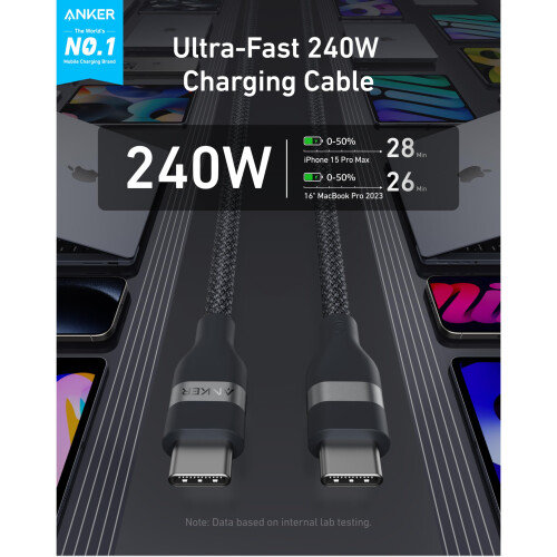 Anker Anker Nano USB C to USB C Cable, 240W Fast Charging Cable (Black, 1.8m) 1