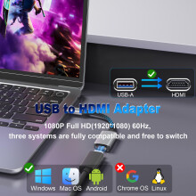 THANDBLE USB to HDMI Adapter 1080P 60Hz, USB A 3.0 to HDMI Adapter for Monitor, TV, Projectors, Compatible with Mac OS Windows 7/8/10/11 - Requires D