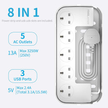 Hulker Extension Lead with USB Slots 5 Way Outlets 3 USB Ports Tidy So