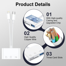 SD Card Reader for iPhone i Pad,3 in 2 Lightning & USB C Dual Connectors SD Card Reader Adapter with SD/TF/USB-A 3 Slots,Camera Adapter to iPhone 17/