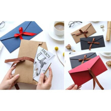 Set of 24 Vintage Colored Kraft Paper Envelopes - 11 x 22cm - Ribbon for Invitations, Letters, Wedding Cards, Birthdays