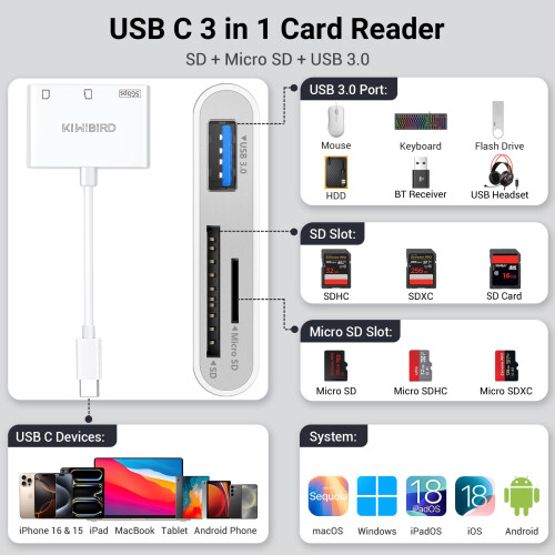 KiWiBiRD SD Card Reader USBC, USB C Memory Card Reader, Micro SD to Type C Adapter for SDHC SDXC TF MicroSD Compatible with iPhone 17 16 Plus Pro Max 1