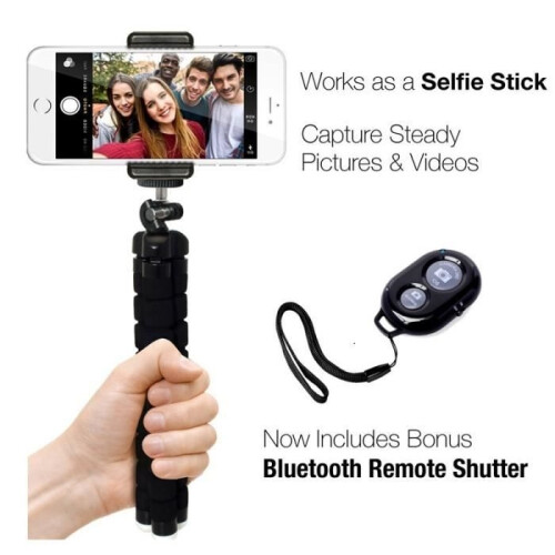 Portable and Adjustable Tripod Stand + Bluetooth Remote Shutter for Phone, Camera 1