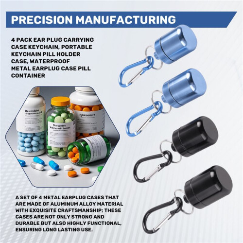 4 Pack Ear Plug Carrying Case Keychain, Portable Keychain Pill Holder Case, Waterproof Metal Earplug Case Pill Container 2
