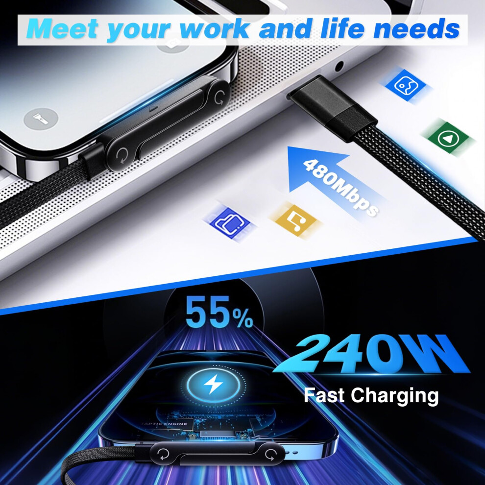 Usb C Charger Cable With Stand, 1.5M 240W Fast Invisible Holder Flat Data Cable With Bendphone Accessories, Type C Sideways Charging Cable For Iphone 5005701031686