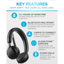 JLab Go Work 3 Office Wireless Headset with Microphone - 70+ H PC Bluetooth Headset or USB C Dongle, Noise Cancelling Mic, Multipoint, On Ear Wireles