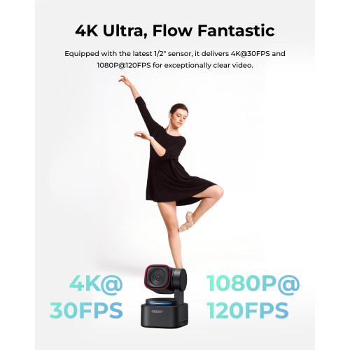 OBSBOT Tiny 3 Lite AI-Powered Spatial Audio 4K Webcam - Compact AI Tracking PTZ Camera with 1/2" Sensor, Tri-Mic, Voice Control, 120FPS, HDR, Webcam 1