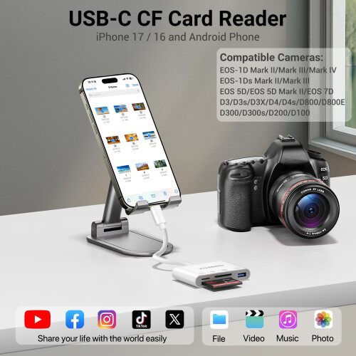 KiWiBiRD CF Card Reader Compact Flash Card Reader USB C, Type C to SD Micro SD for Memory Camera Cards, Compatible with iPhone 17 16 Plus Pro Max Mac 2