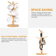 Wooden cup holder, coffee cup tree, tabletop tea cup stand, tumbler holder with 6 hooks for countertop