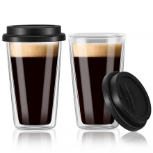 2 Packs Double Walled Glass Coffee Mugs with Silicone Lids,12 OZ /350ML Insulated Drinking Coffee Cups, Dishwasher Safe