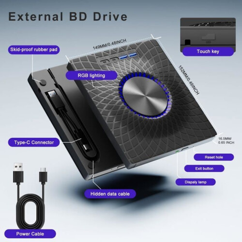 External CD/DVD Drive - FANTEC - DVD Burner - USB 3.0 - USB-C - Mac and Windows Compatible
