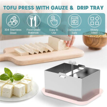 Tofupress i Rostfritt Stål, SUS304 Paneermaskin med Pressduk och Droppbricka, Dräneringshål för Att Göra Pund
