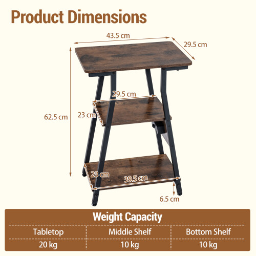 Costway End Table with Charging Station 3-Tier Industrial Side Table Nightstand 2