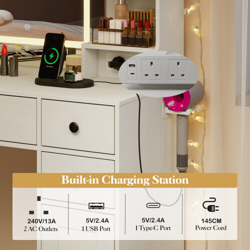 Costway Vanity Desk with Mirror and Lights Dressing Table with Charging Station 2