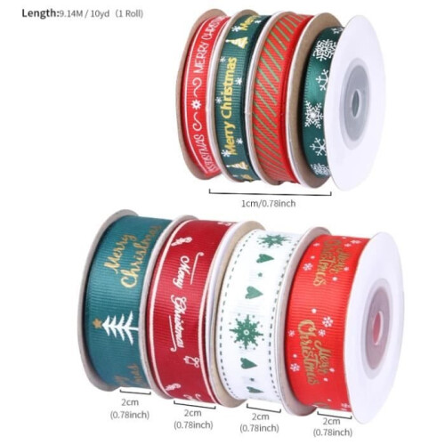 Kerstlint - Pak van 8 - Satijn - 1 cm en 2 cm - Polyester - Kerstversiering 1