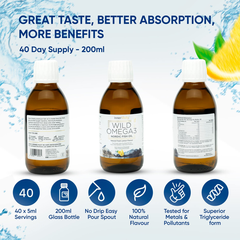 Inner Vitality Omega 3 Fish Oil Liquid - Natural Fresh Lemon Flavour With No Fishy Taste, High Strength Dha/Epa - 200Ml Made From Wild Caught Nordic Fish Oil | 3Rd
