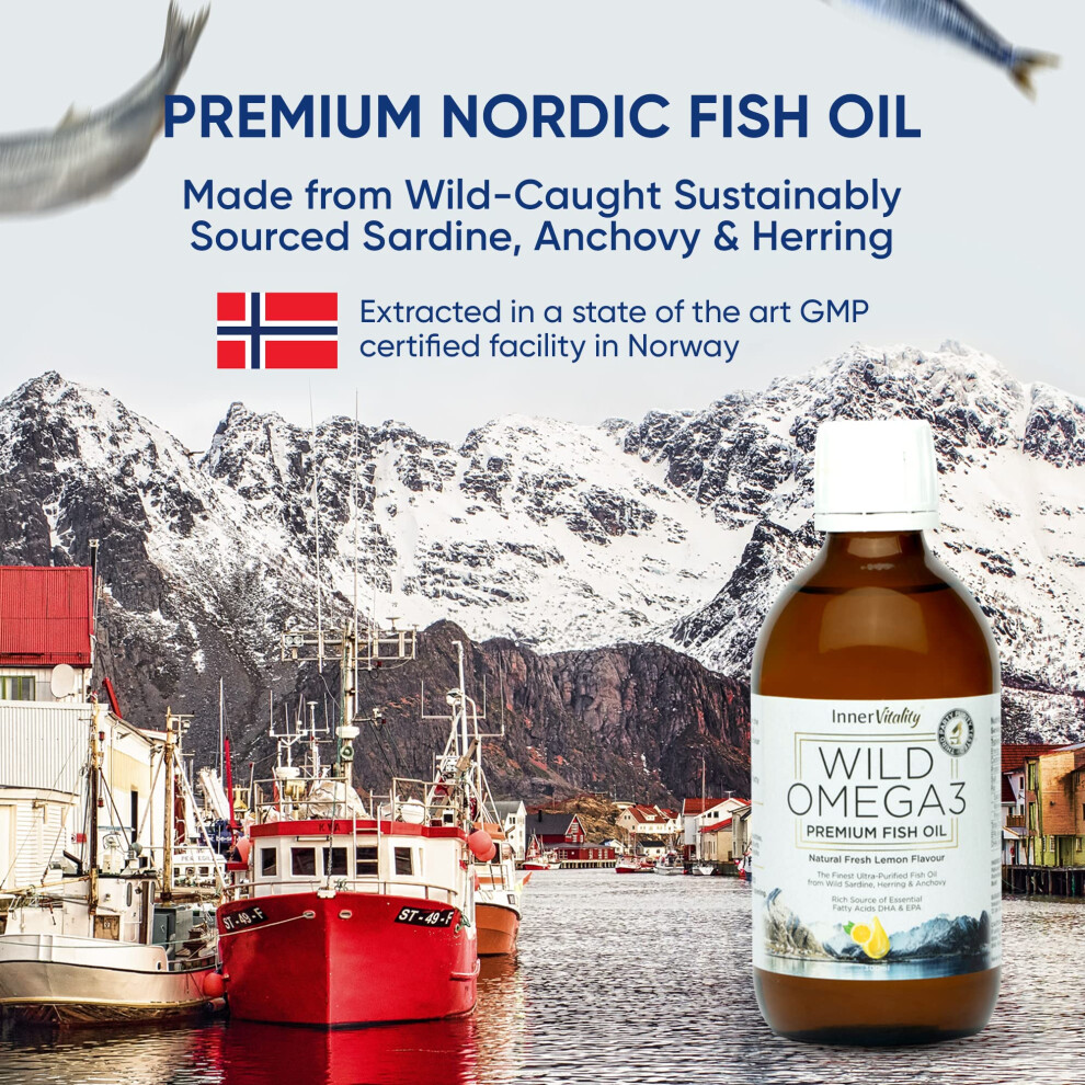 Inner Vitality Omega 3 Fish Oil Liquid - Natural Fresh Lemon Flavour With No Fishy Taste, High Strength Dha/Epa - 200Ml Made From Wild Caught Nordic Fish Oil | 3Rd