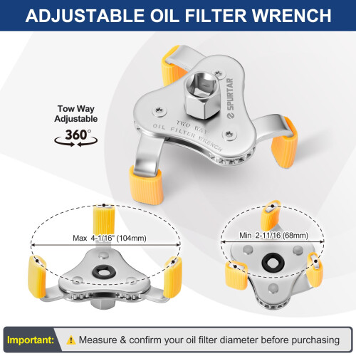 Spurtar Oil Filter Wrench Oil Filter Removal Tool Adjustable 68mm-104mm 2