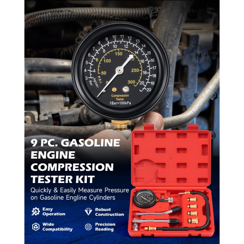 OMT Petrol Engine Compression Tester Kit 9pc, 0-300 PSI Cylinder M10-M18 1