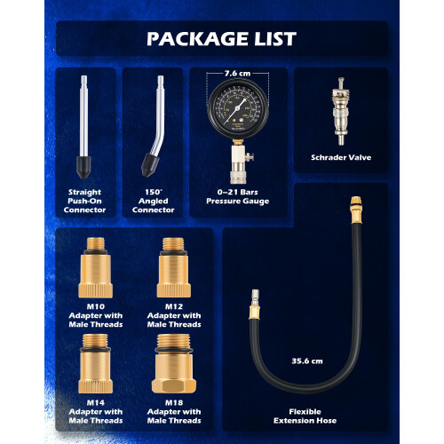 OMT Petrol Engine Compression Tester Kit 9pc, 0-300 PSI Cylinder M10-M18 2