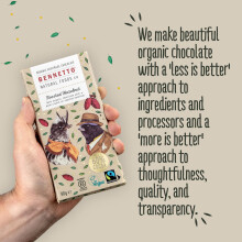 Toasted Hazelnut Dark organic chocolate with crunchy toasted hazelnuts. 60% cocoa. Certified organic, Fairtrade, and net climate positive. Beautiful