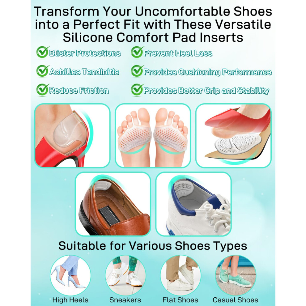Snqqmtt 10Pcs High Heel Comfort Pad Inserts, Silicone Shoe Cushion Insoles Heel Grips Liner Metatarsal Pads For Women Shoes Too Big, Prevent Rubbing