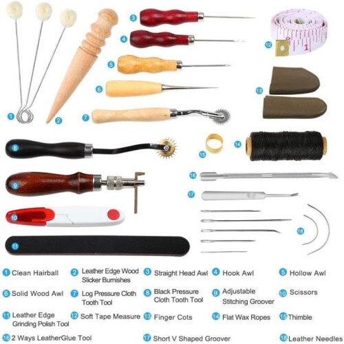 31-piece leather sewing tool set with awl and waxed thread, thimble set 1