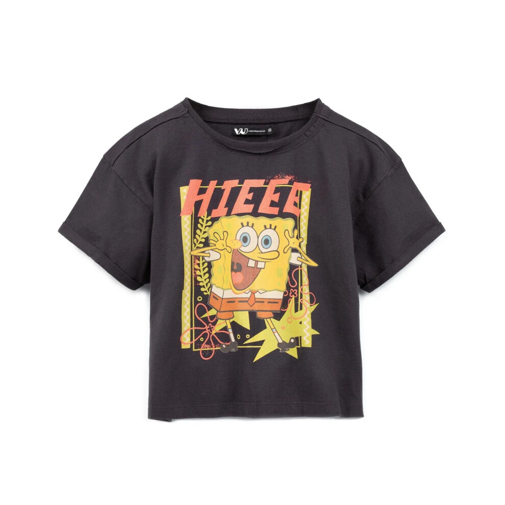 Spongebob Squarepants (Xl, Charcoal /Yellow) Womens/Ladies Crop Top Grey