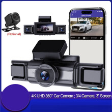 Dashcam 4K 4-Kanaals Camera voor en Achter, 360-Camera voor in de Auto, Ingebouwde Wifi, GPS, WDR, Nachtzicht, 24-Uurs Parkeermodus