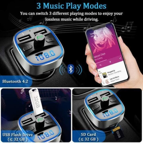 Bluetooth FM Transmitter - CLOUDSEMI - Radio Adapter - Car Charger - Hands-Free - SD/USB 2