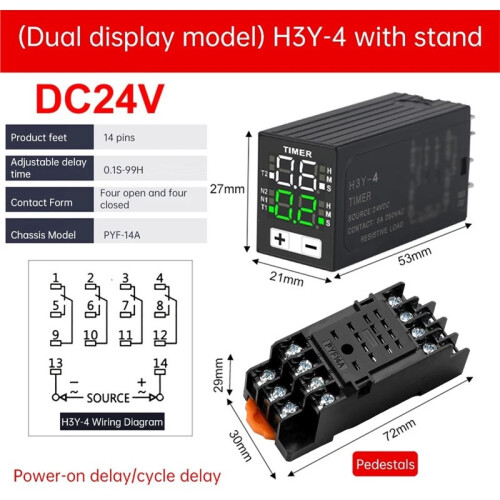 H3Y-4 LED Delay Relay Dual Digital Display Cycle  Controller Delayer Power  Delay Device with Base 24V 1