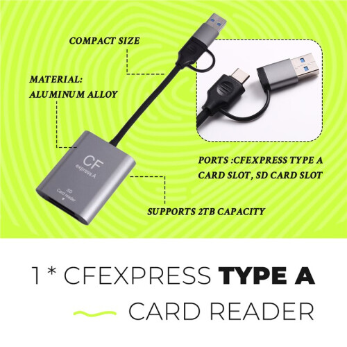 CFexpress Type A Card Reader USB3.2 Gen2 10Gbps 2-in-1 USB C & USB A CFe Card Reader with  Slot for CFexpress Type A 2
