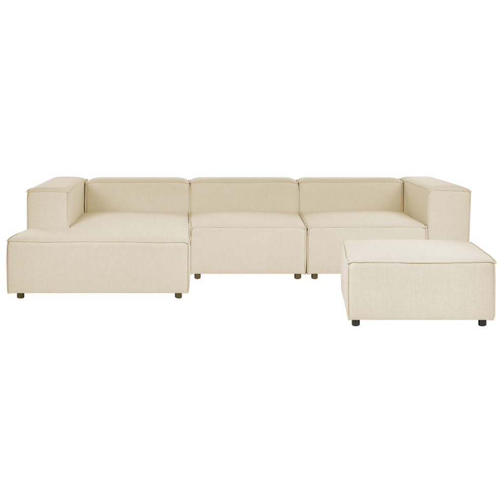 Beliani Modular Corner Sofa 3 Seater Aprica Faux Linen Beige With Ottoman Right Hand