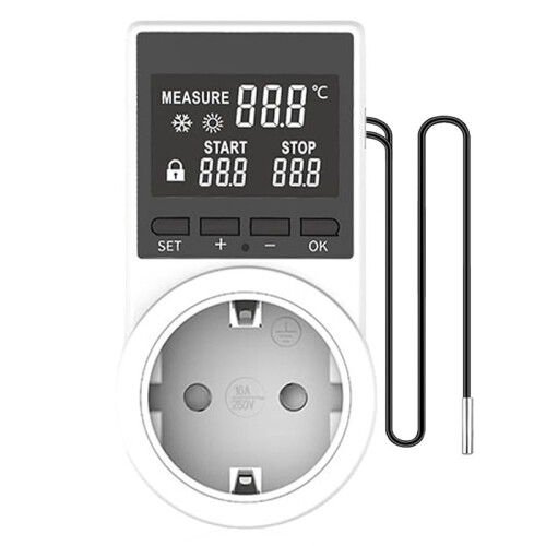 Thermostat Socket, Heating Cooling Digital  with Cable with Waterproof , LCD Screen  Socket Probe EU Plug