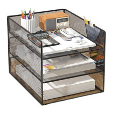 Büro-Akten-Organizer, Schreibtisch-Organizer Aus Metallgeflecht mit Dreilagigem Design, Multifunktionaler Aktenhalter, Aufbewahrungsregal, Schwarz