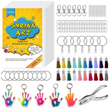 251 PCS Shrink Dink Keychain Kit Includes 20 Sheets Shrink Plastic Sheets, Hole Punch, Tassels, Lobster Clasps