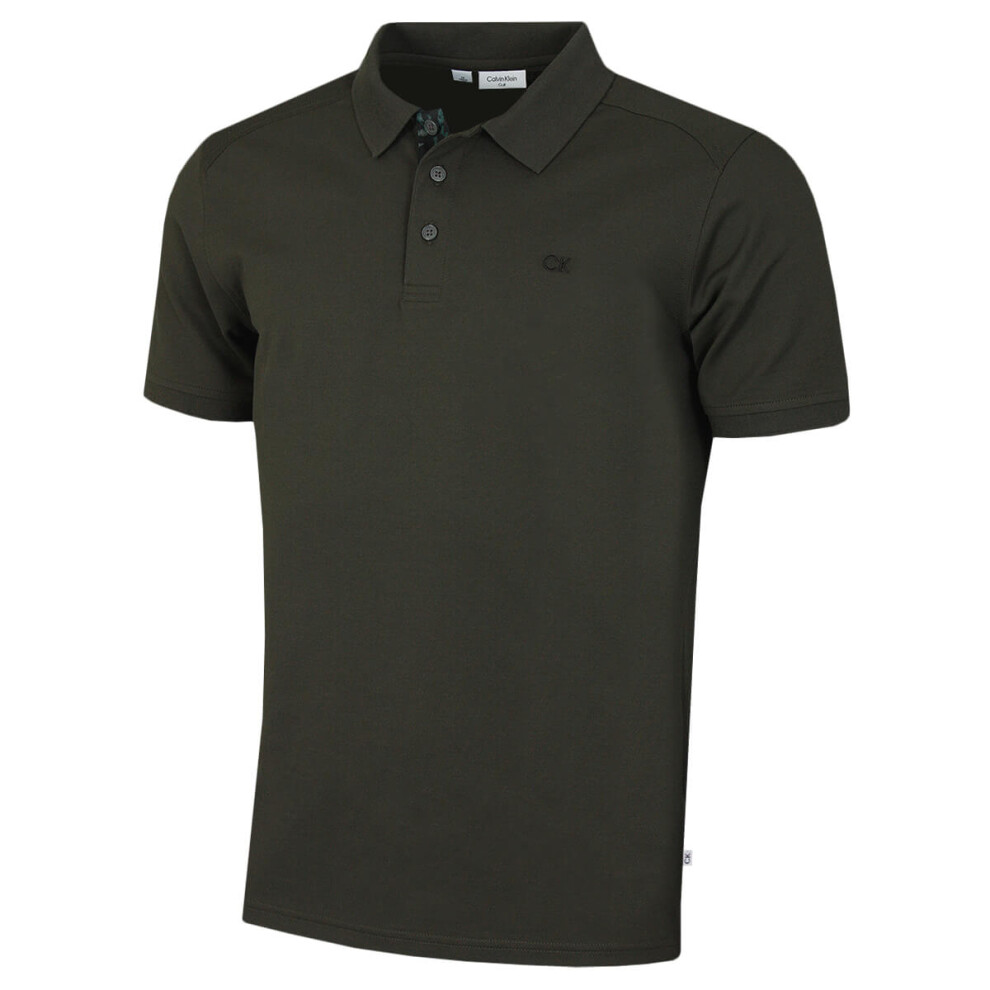 Calvin Klein (L, Hunter Camo) Mens 2026 Campus 3 Button Ribbed Collar Golf Polo Shirt Green