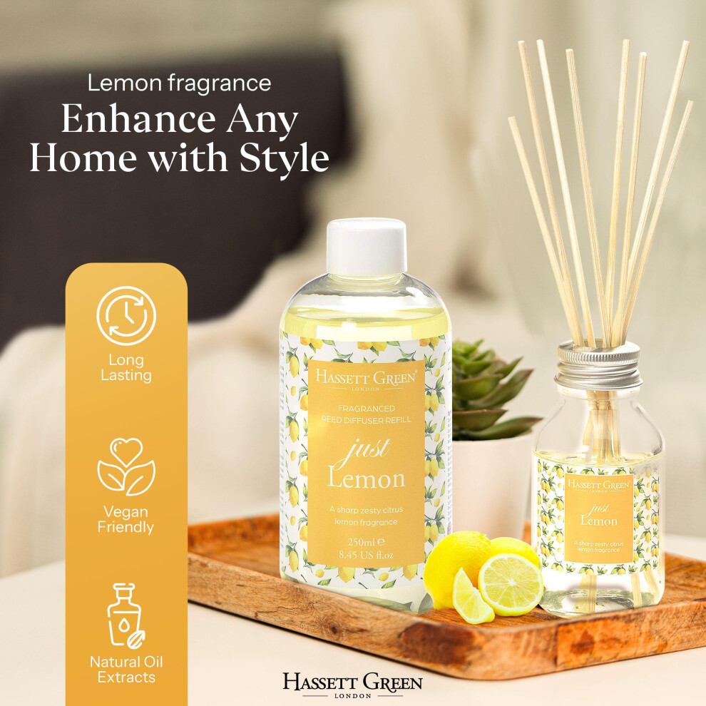Hassett Green London - Just Lemon - Fragrance Oil Reed Diffuser Refill - Larger Size 250Ml Bottle