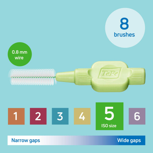 Tepe TePe Interdental Brush, Extra Soft, Green, 0.8mm/ISO 5, 8pcs 2