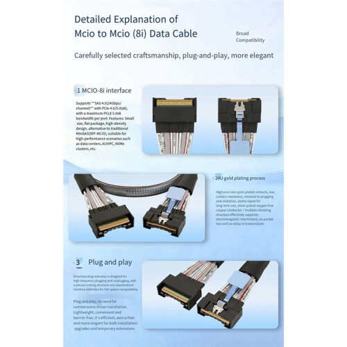 PCIe 4.0 MCIO 8x Naar 2x SFF-8654 SFF-8654 8i Serverkabel, Snelle Dataoverdrachtskabel, Slanke SAS 24 Gbps 2